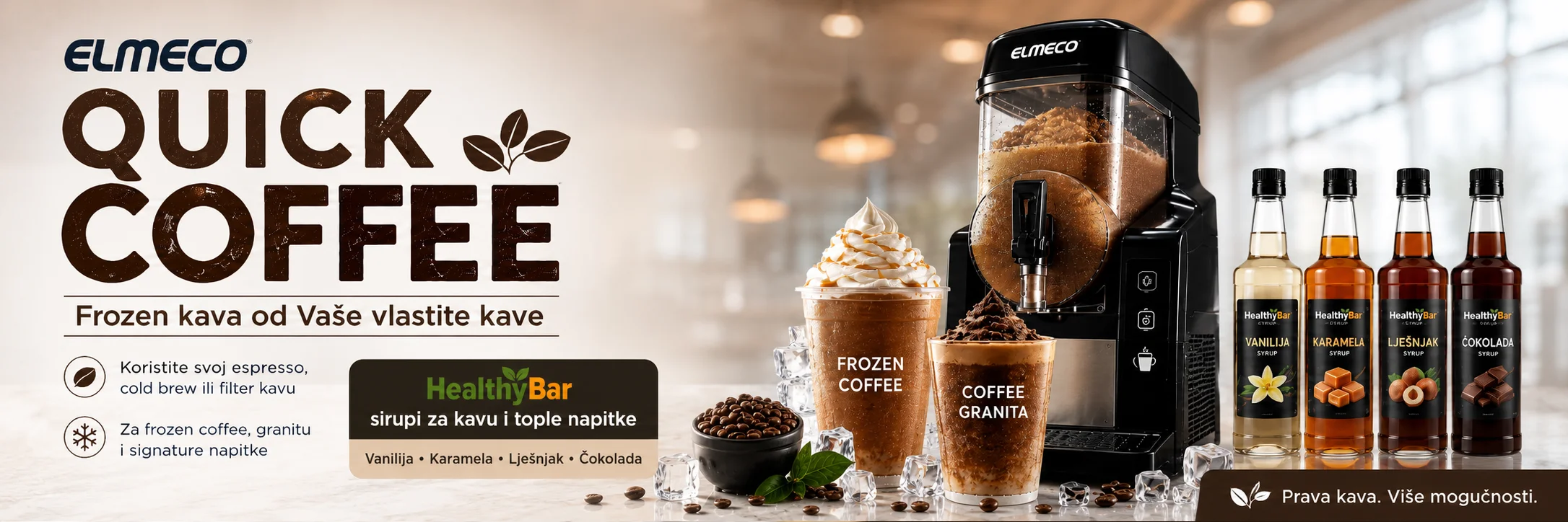 Elmeco Quick Coffee uz HealthyBar sirupe za kavu i tople napitke za premium frozen coffee napitke na LIFEENERGY