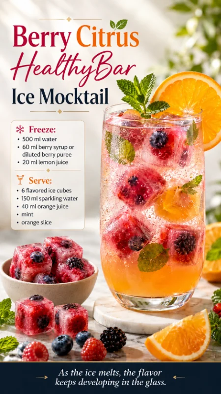 Berry Citrus HealthyBar Ice Mocktail s voćnim ledenim kockama, narančom i mentom