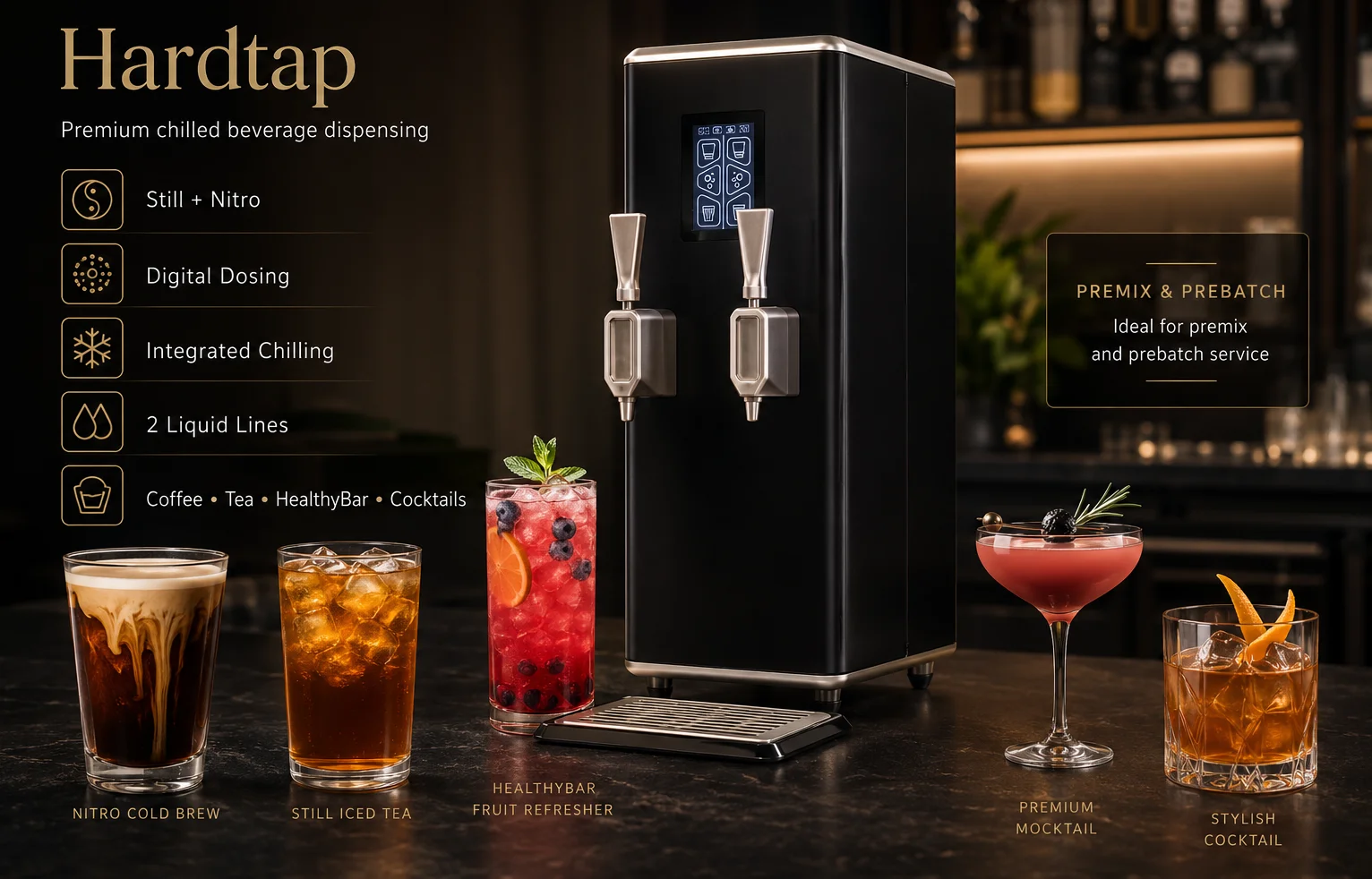 Hardtap premium still i nitro dispenser s primjerima kave, čaja, voćnih napitaka, mocktaila i koktela