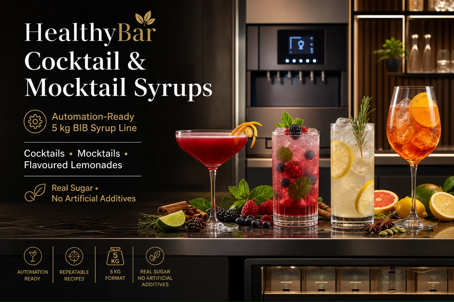 HealthyBar sirupi za koktele i mocktaile za HORECA post-mix sustave, automatizirane bar recepture i premium limunade
